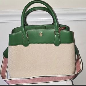 Tory Burch- EUC! Robinson Canvas Triple compartment in Green - Great condition!!